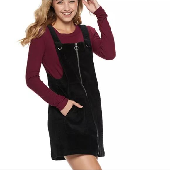 SO | Soft Corduroy Zip Front Cord Pinafore Utility Bib Coverall Mini Dress - Picture 1 of 7